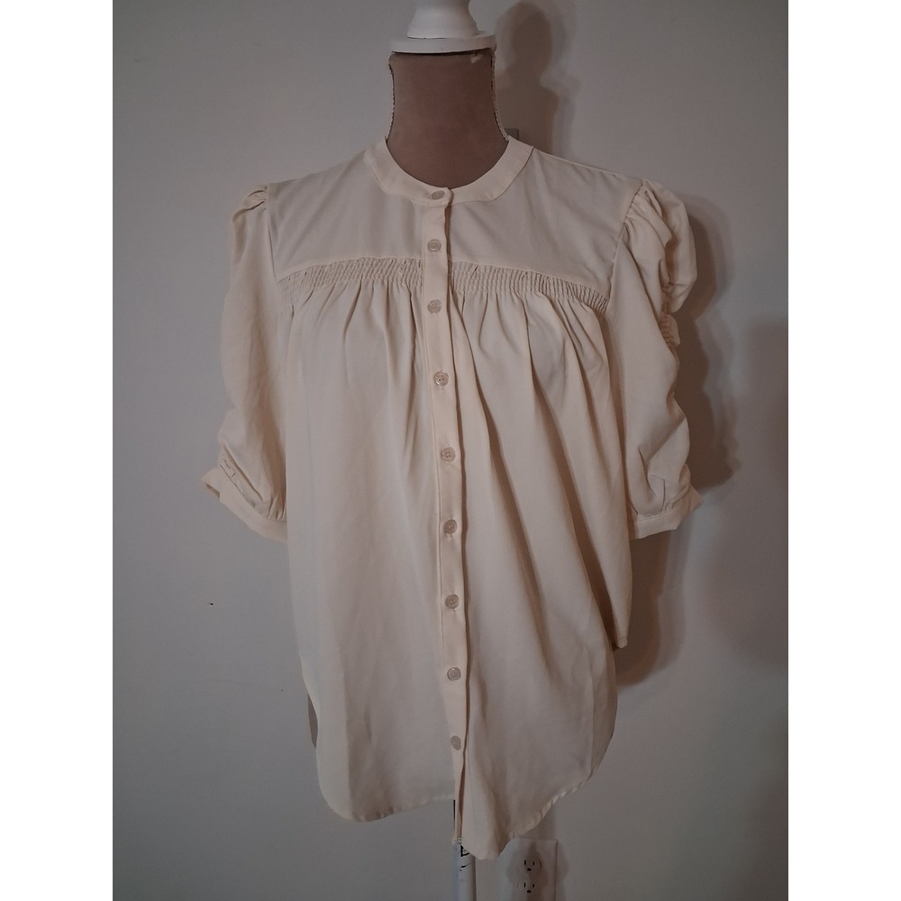 Bishop + Young Rachel Ruched Sleeve Blouse Ivory Smocked Top Small Modest New